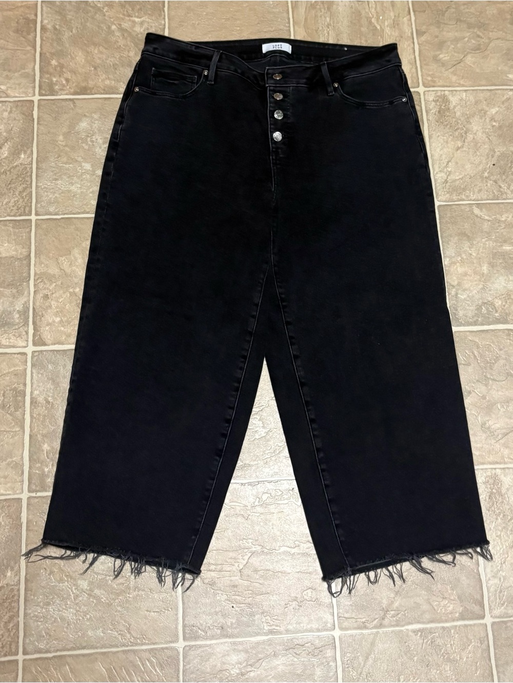 Womens Size 14 LOFT Black High-Waist Button-Fly Jeans with Raw Hem